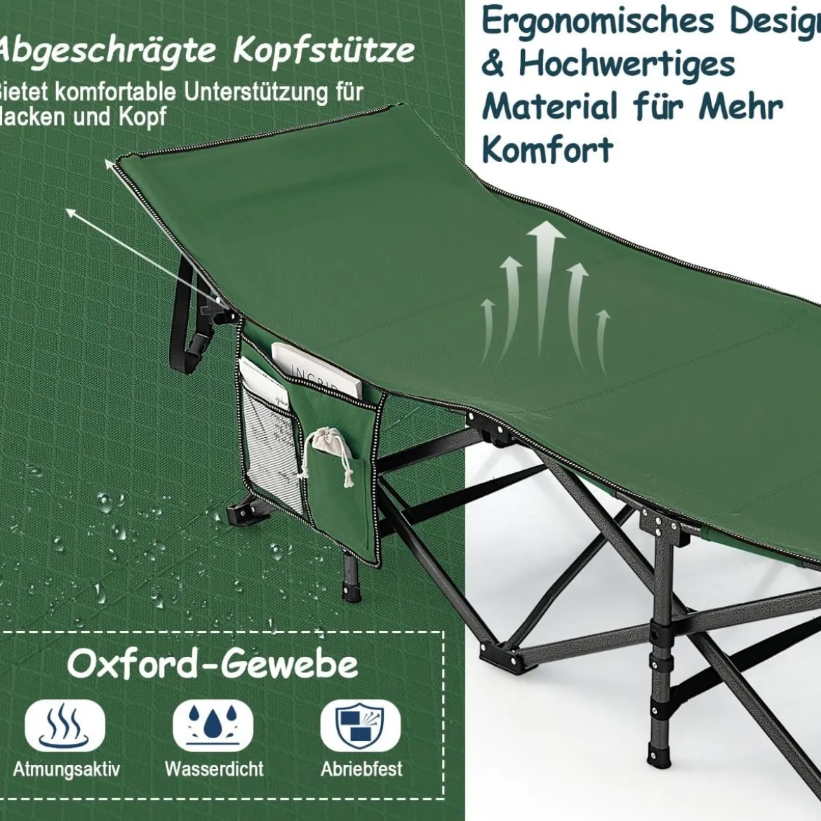 Campingbett Strapazierfähiges Reisebett mit Kopfstütze 190 x 70 x 54 cm Grün