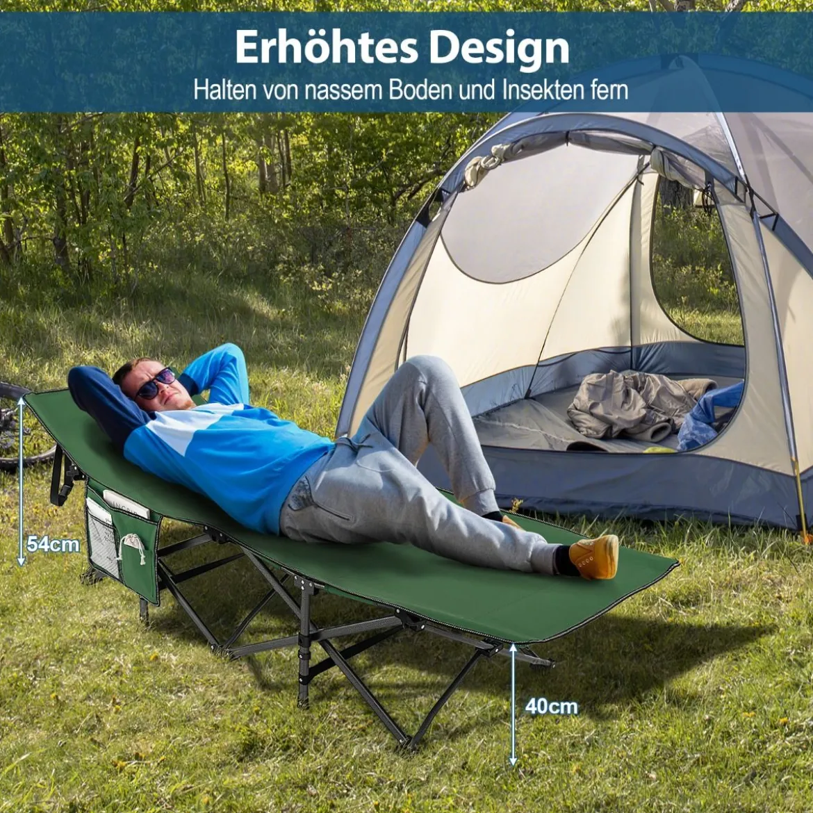 Campingbett Strapazierfähiges Reisebett mit Kopfstütze 190 x 70 x 54 cm Grün