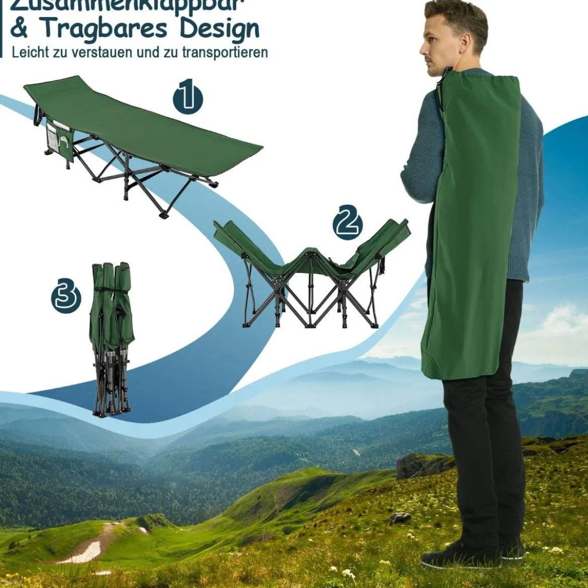 Campingbett Strapazierfähiges Reisebett mit Kopfstütze 190 x 70 x 54 cm Grün