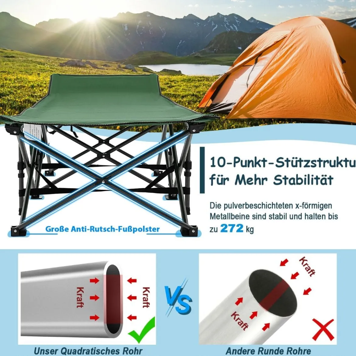 Campingbett Strapazierfähiges Reisebett mit Kopfstütze 190 x 70 x 54 cm Grün