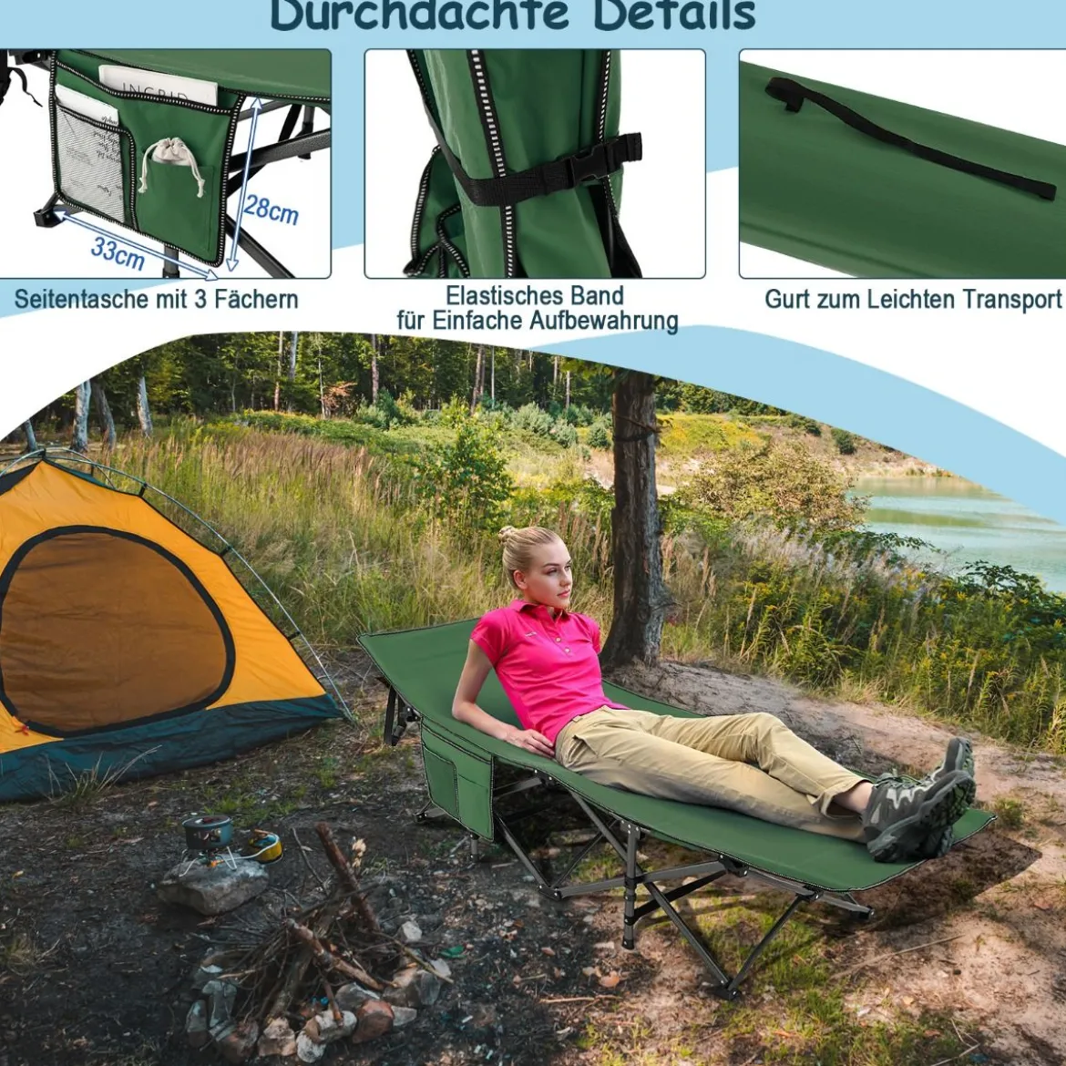 Campingbett Strapazierfähiges Reisebett mit Kopfstütze 190 x 70 x 54 cm Grün