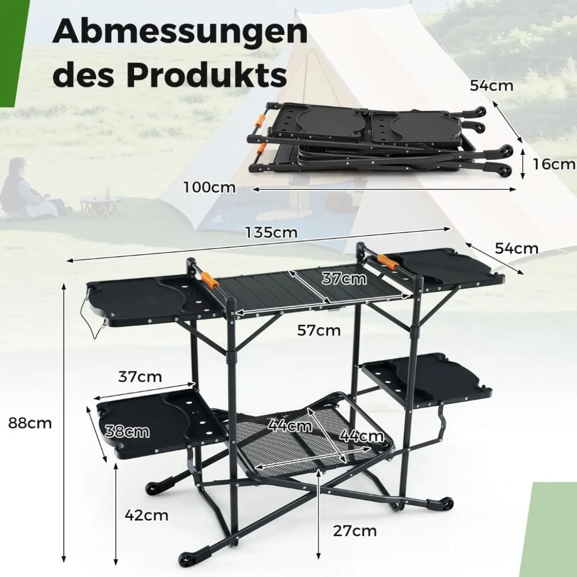 Campingküche klappbar Reiseküche mit Aluminium-Tischplatte Camping Küche 135 x 54 x 88 cm Schwarz