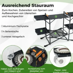 Campingküche klappbar Reiseküche mit Aluminium-Tischplatte Camping Küche 135 x 54 x 88 cm Schwarz