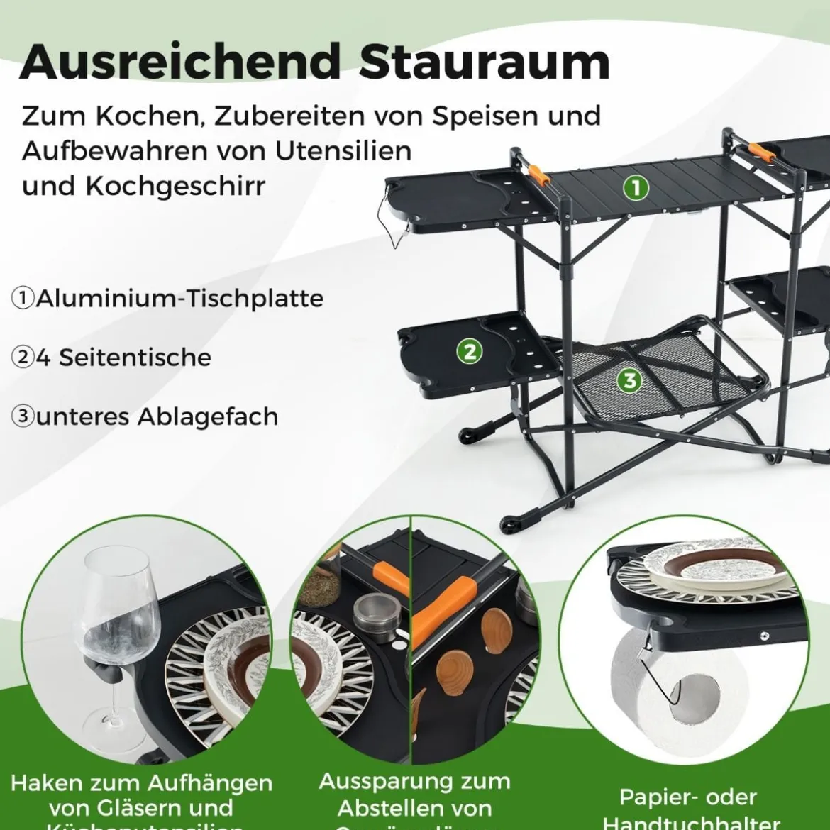 Campingküche klappbar Reiseküche mit Aluminium-Tischplatte Camping Küche 135 x 54 x 88 cm Schwarz