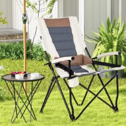 Camping-Klappstuhl Gepolsterter Gartenstuhl mit Getränkehalter 63 x 72 x 102 cm Braun + Weiß