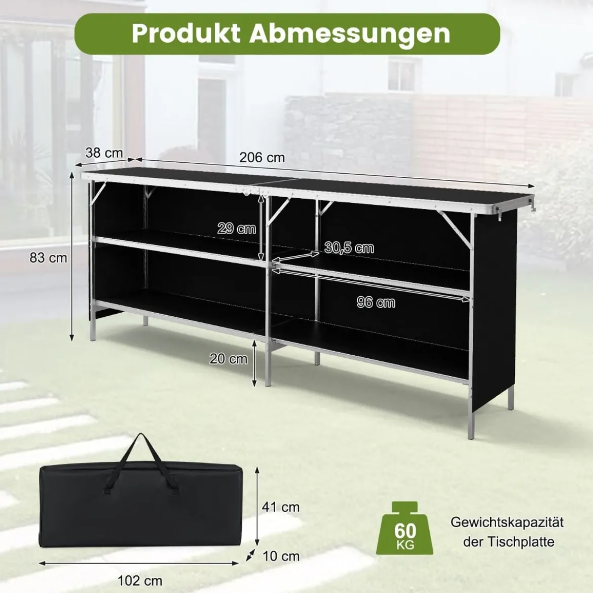 Campingschrank faltbar tragbare Campingküche mit 2-stöckigen Regalen 206 x 38 x 83 cm Schwarz