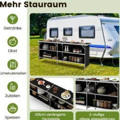 Campingschrank faltbar tragbare Campingküche mit 2-stöckigen Regalen 206 x 38 x 83 cm Schwarz