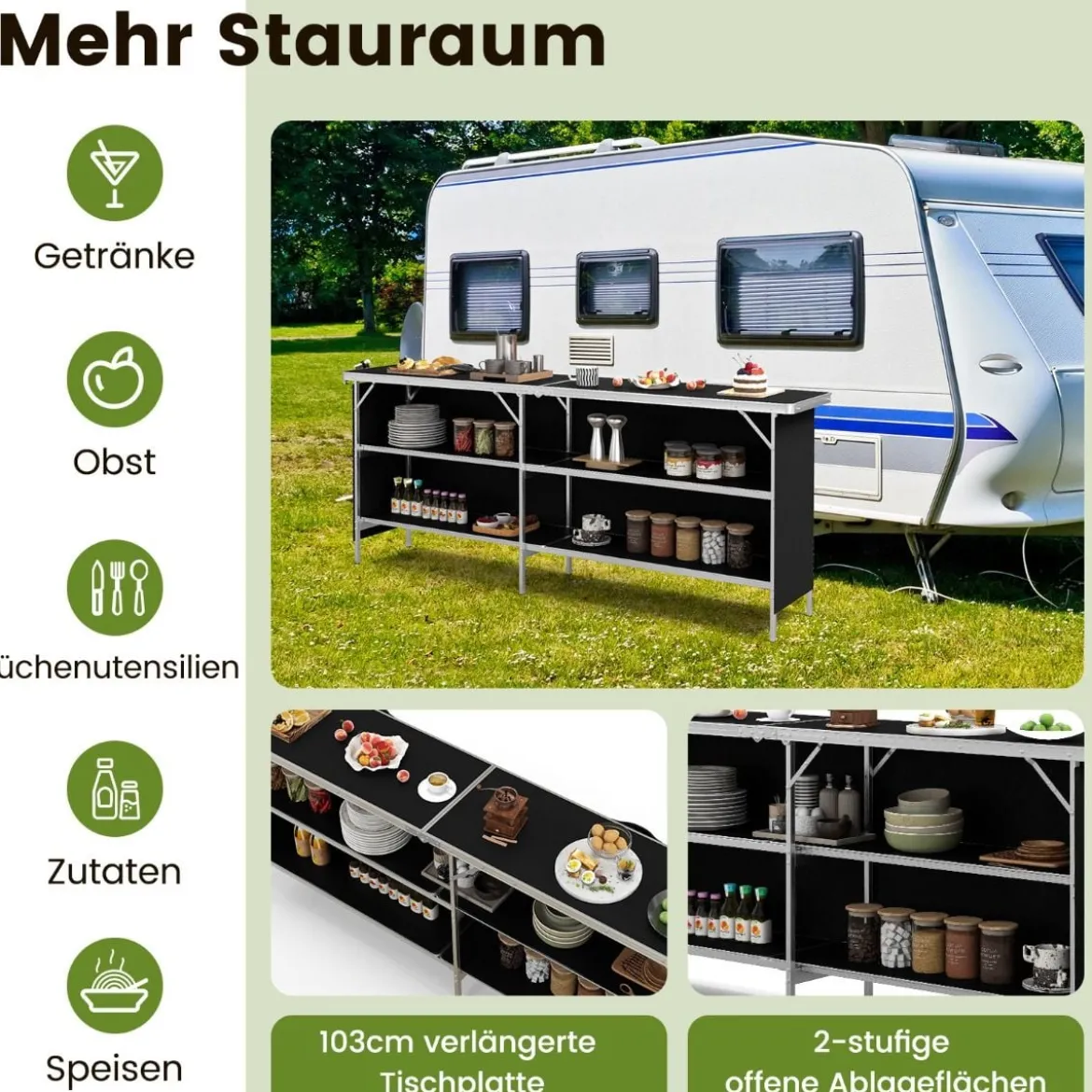 Campingschrank faltbar tragbare Campingküche mit 2-stöckigen Regalen 206 x 38 x 83 cm Schwarz
