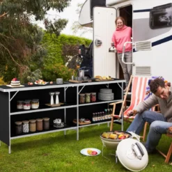 Campingschrank faltbar tragbare Campingküche mit 2-stöckigen Regalen 206 x 38 x 83 cm Schwarz