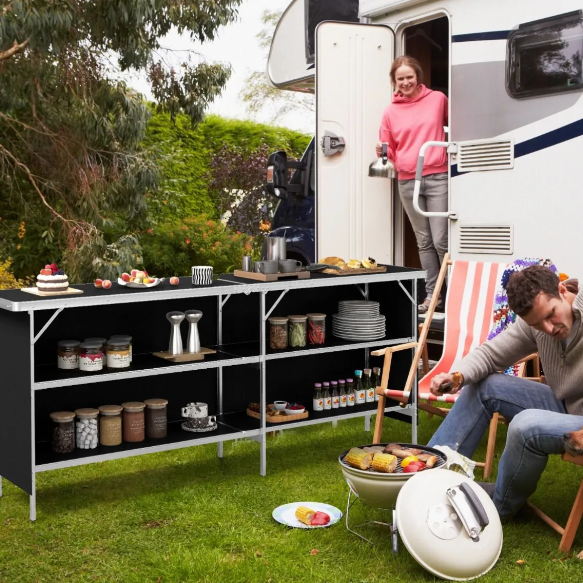 Campingschrank faltbar tragbare Campingküche mit 2-stöckigen Regalen 206 x 38 x 83 cm Schwarz