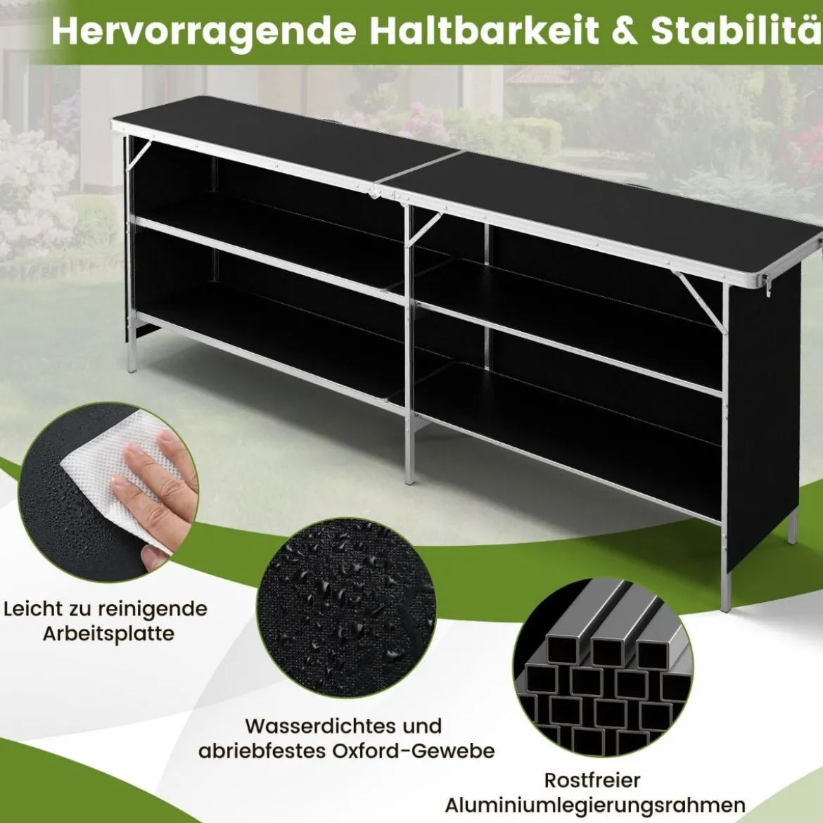 Campingschrank faltbar tragbare Campingküche mit 2-stöckigen Regalen 206 x 38 x 83 cm Schwarz