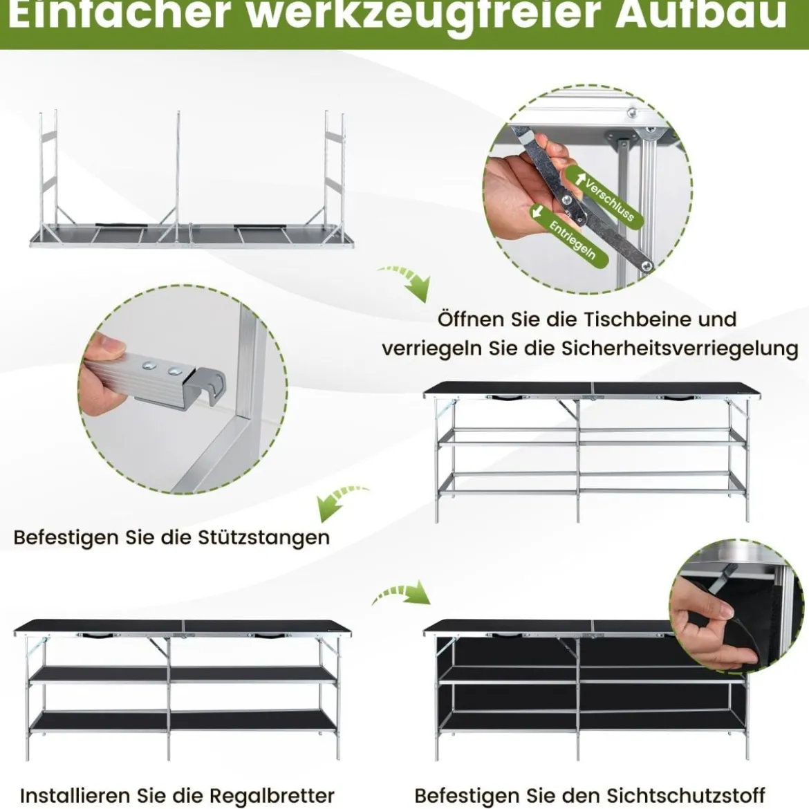 Campingschrank faltbar tragbare Campingküche mit 2-stöckigen Regalen 206 x 38 x 83 cm Schwarz