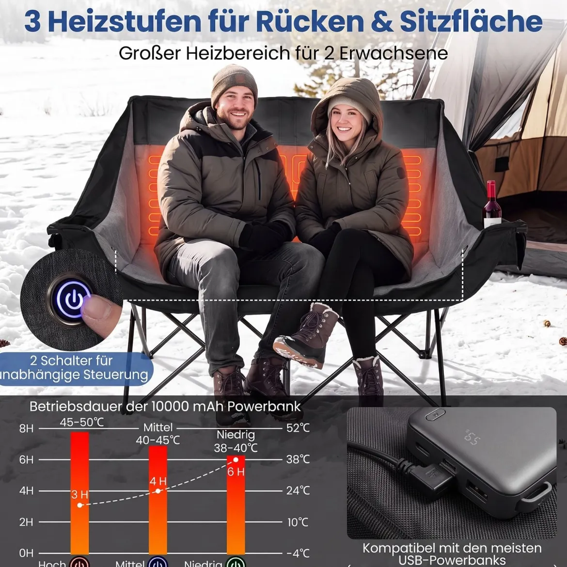 Campingstuhl Beheizter Doppel Klappstuhl mit 3 Heizstufen & 4 Heizzonen Gepolsterter Angelstuhl Schwarz