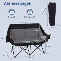 Campingstuhl Beheizter Doppel Klappstuhl mit 3 Heizstufen & 4 Heizzonen Gepolsterter Angelstuhl Schwarz