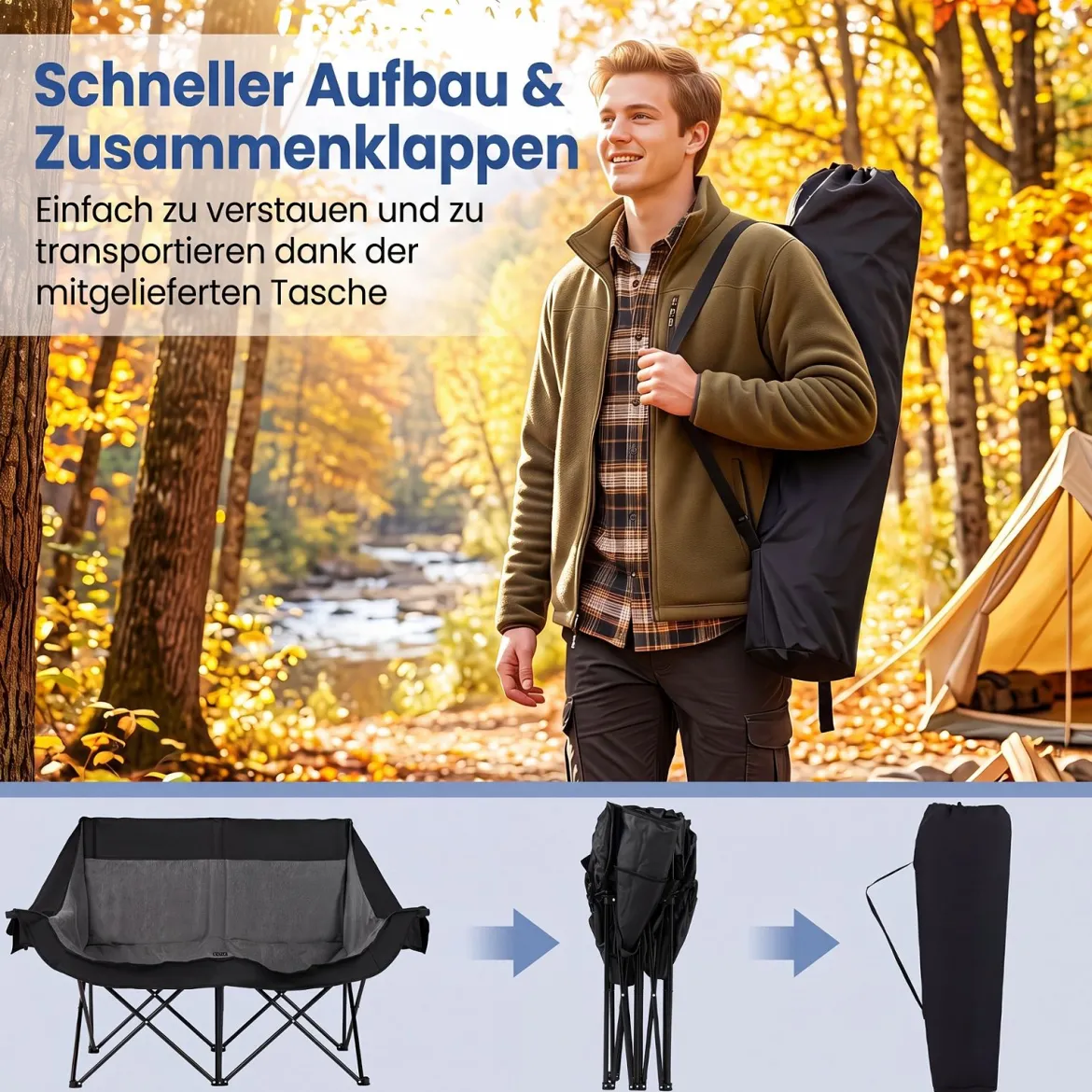 Campingstuhl Beheizter Doppel Klappstuhl mit 3 Heizstufen & 4 Heizzonen Gepolsterter Angelstuhl Schwarz