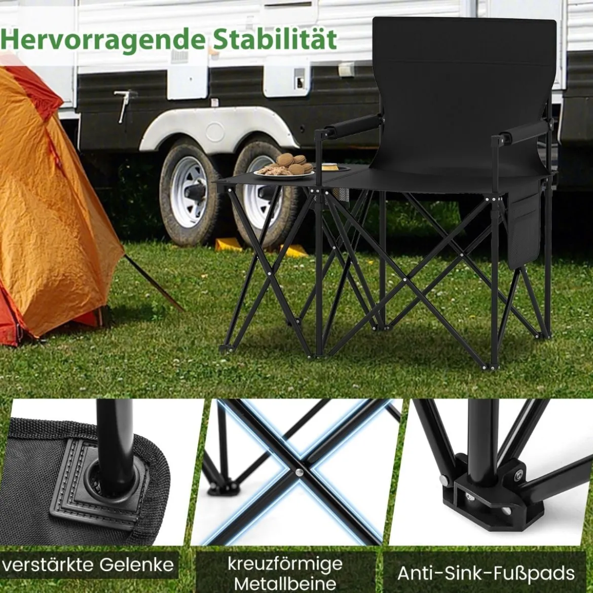 Campingstuhl faltbar 2er Set Klappstuhl mit Seitentisch Becherhalter & Seitentasche Schwarz