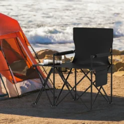 Campingstuhl faltbar 2er Set Klappstuhl mit Seitentisch Becherhalter & Seitentasche Schwarz