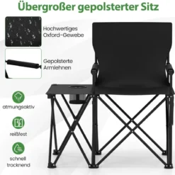 Campingstuhl faltbar 2er Set Klappstuhl mit Seitentisch Becherhalter & Seitentasche Schwarz