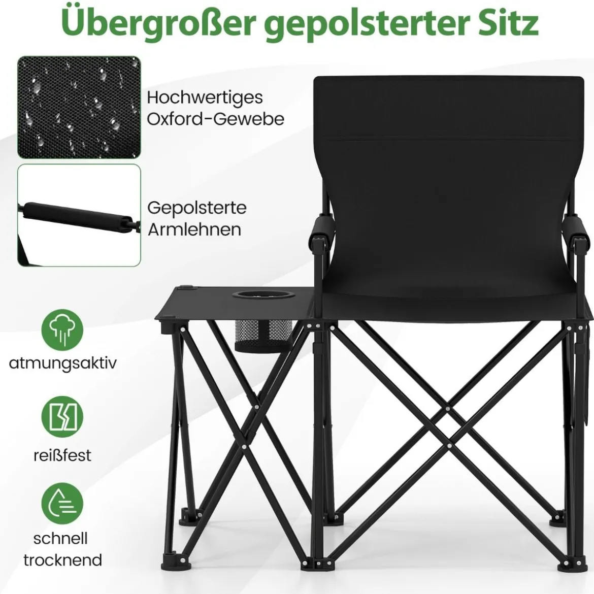 Campingstuhl faltbar 2er Set Klappstuhl mit Seitentisch Becherhalter & Seitentasche Schwarz