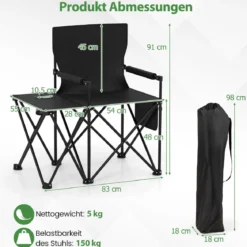 Campingstuhl faltbar 2er Set Klappstuhl mit Seitentisch Becherhalter & Seitentasche Schwarz
