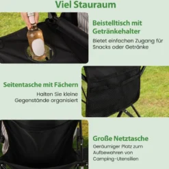 Campingstuhl faltbar 2er Set Klappstuhl mit Seitentisch Becherhalter & Seitentasche Schwarz