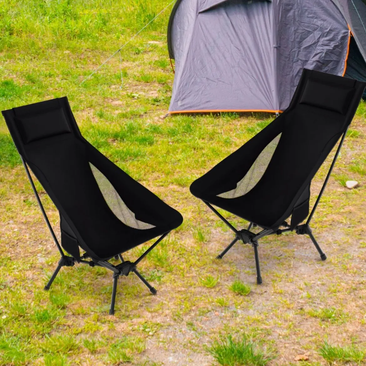 Campingstuhl faltbar ultraleichter Klappstuhl mit hoher Rückenlehne Kopfstützen & Seitentasche Schwarz