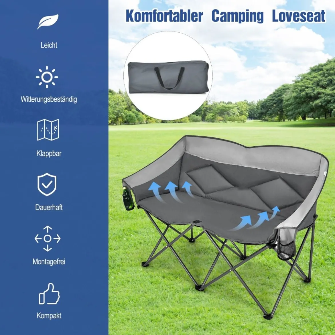 Campingstuhl für 2 Personen Klappstuhl mit 2 Sitzen 152 x 72 x 98 cm Grau