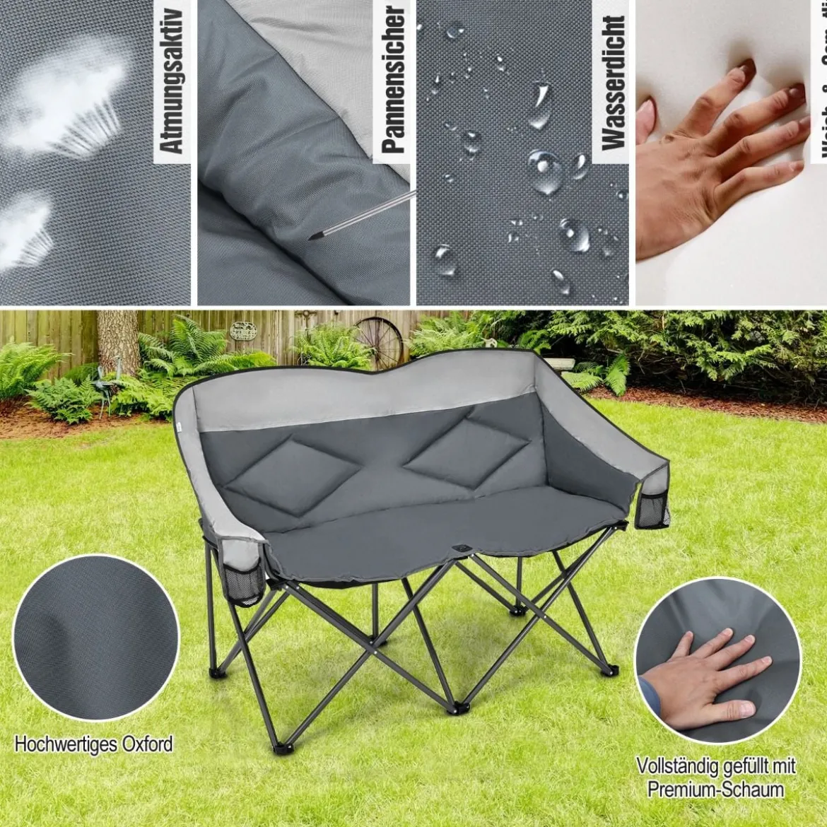 Campingstuhl für 2 Personen Klappstuhl mit 2 Sitzen 152 x 72 x 98 cm Grau