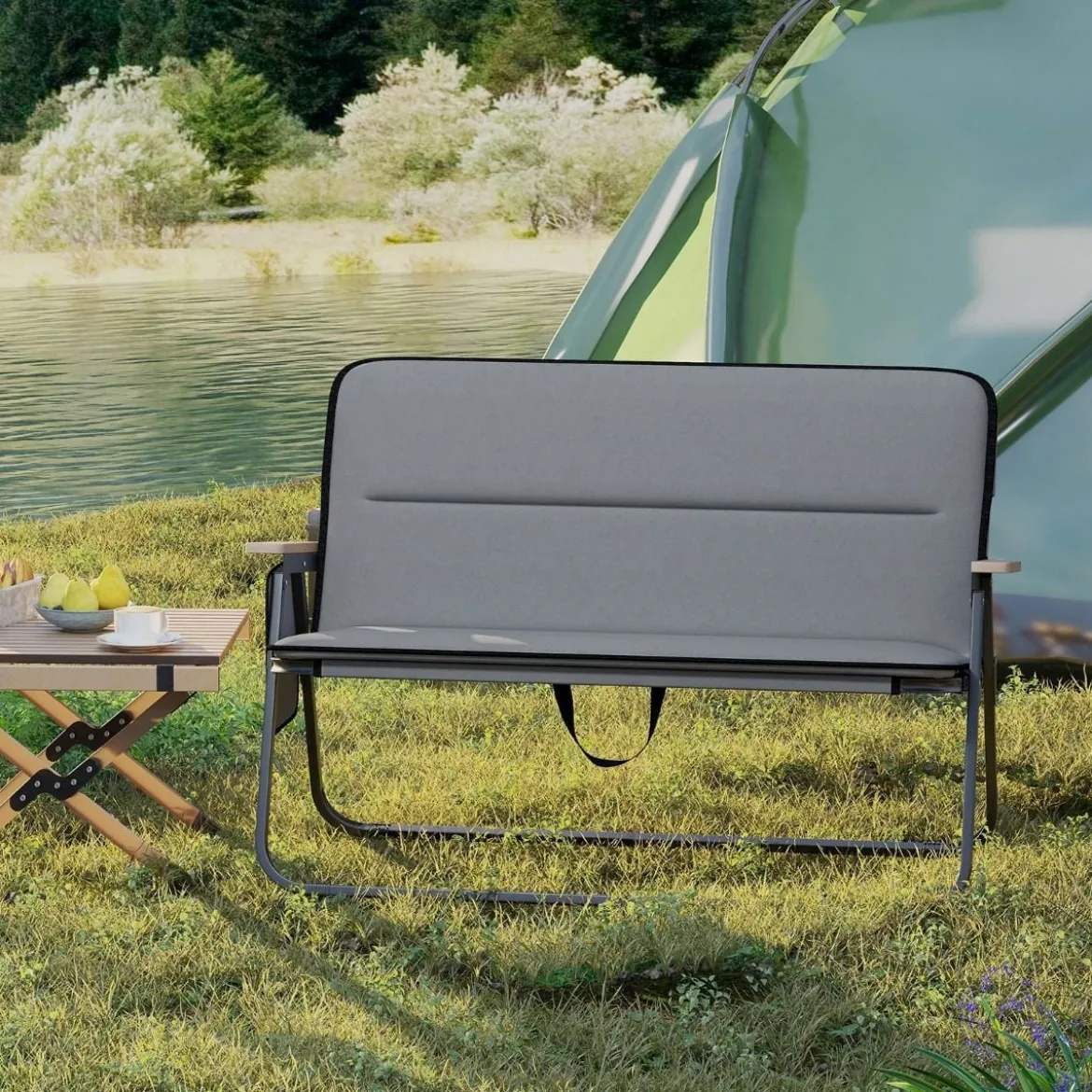 Campingstuhl für 2 Personen Klappstuhl mit abnehmbarem Kissen Seitentasche und Armlehnen Grau