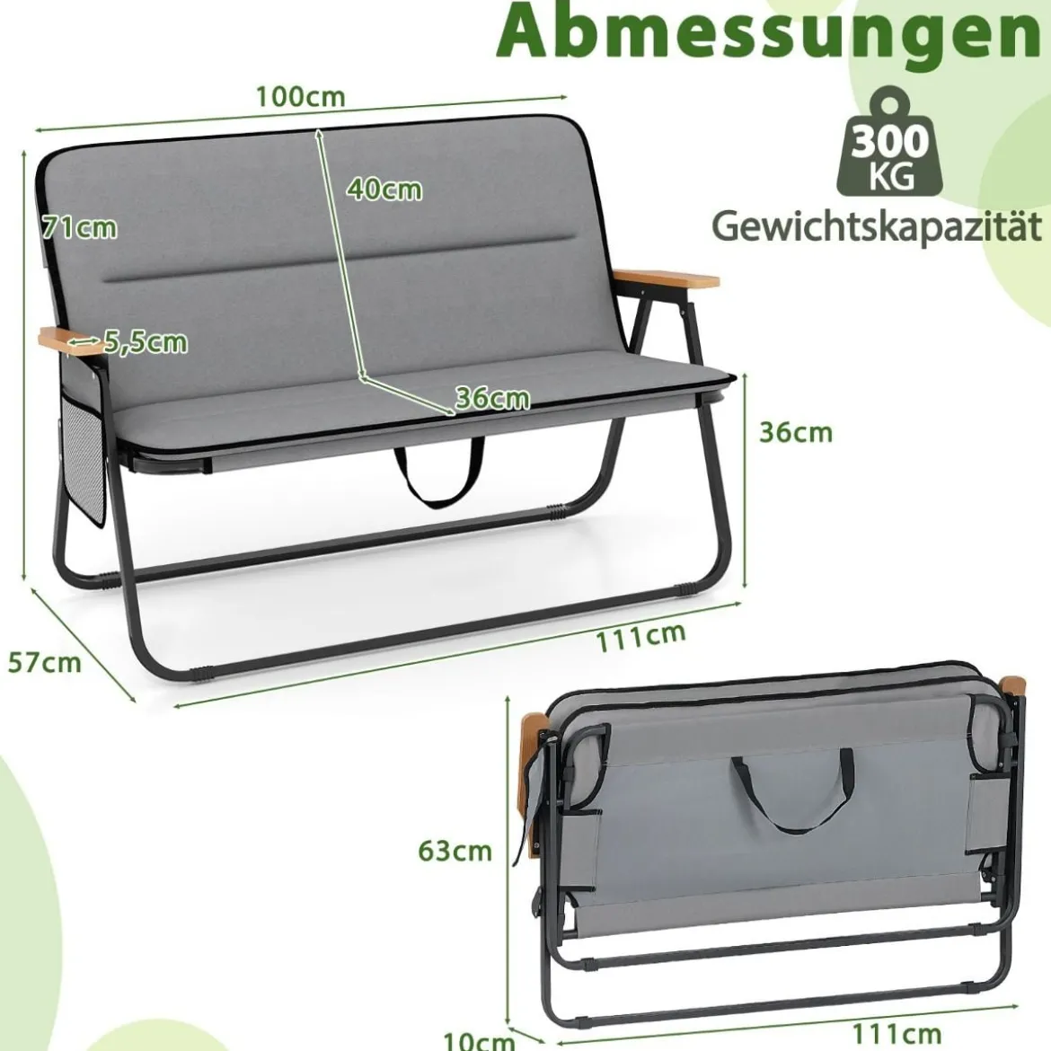 Campingstuhl für 2 Personen Klappstuhl mit abnehmbarem Kissen Seitentasche und Armlehnen Grau