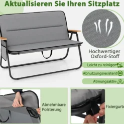 Campingstuhl für 2 Personen Klappstuhl mit abnehmbarem Kissen Seitentasche und Armlehnen Grau