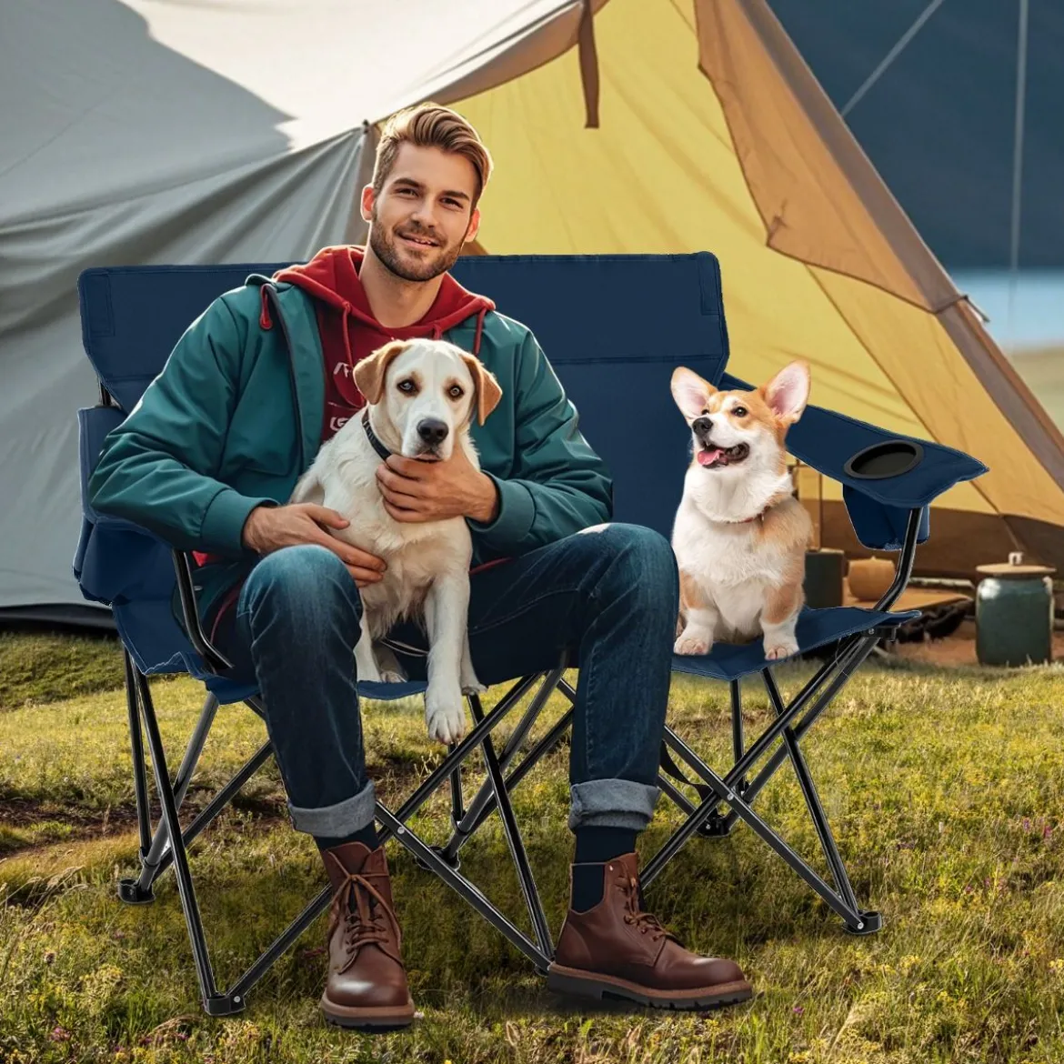 Campingstuhl für 2 Personen Klappstuhl mit Getränkehaltern & Armlehnen & Tragetasche