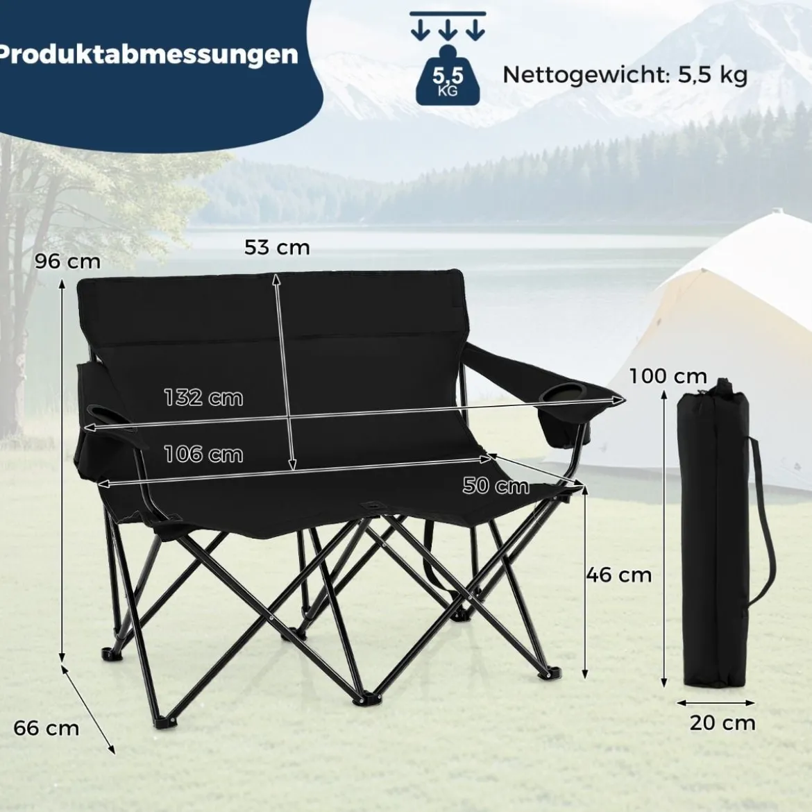 Campingstuhl für 2 Personen Klappstuhl mit Getränkehaltern & Armlehnen & Tragetasche