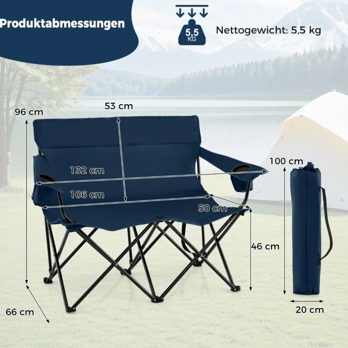 Campingstuhl für 2 Personen Klappstuhl mit Getränkehaltern & Armlehnen & Tragetasche