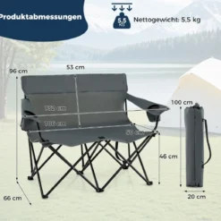 Campingstuhl für 2 Personen Klappstuhl mit Getränkehaltern & Armlehnen & Tragetasche