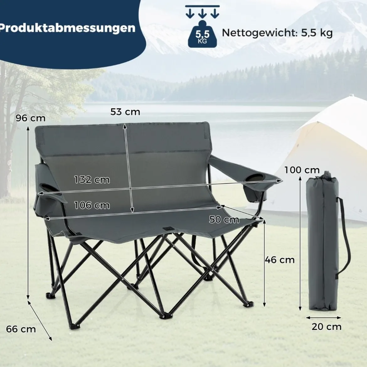 Campingstuhl für 2 Personen Klappstuhl mit Getränkehaltern & Armlehnen & Tragetasche