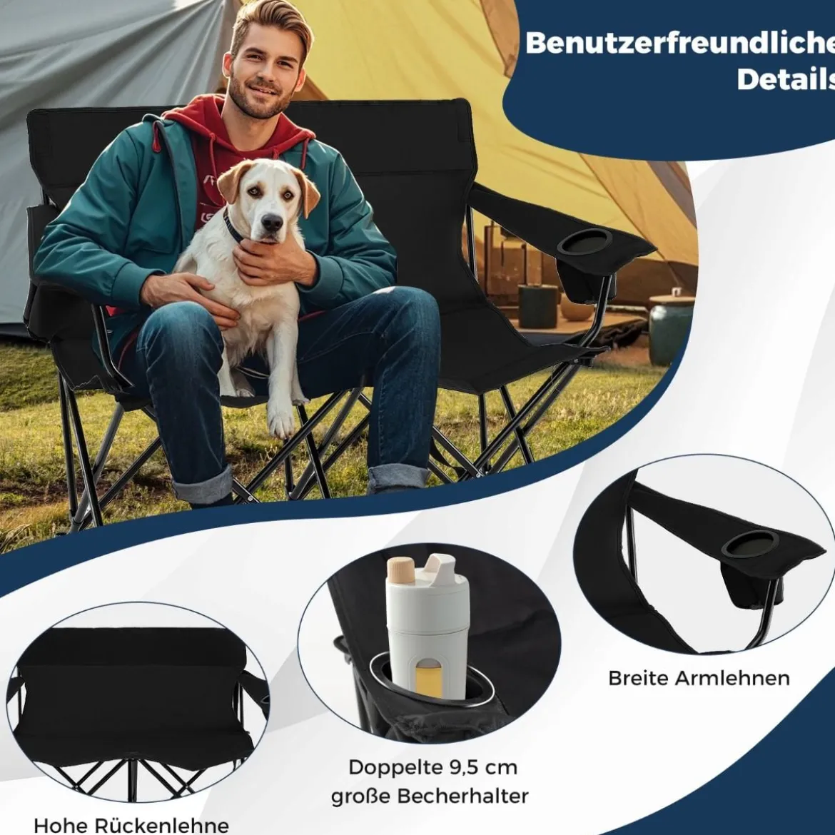 Campingstuhl für 2 Personen Klappstuhl mit Getränkehaltern & Armlehnen & Tragetasche