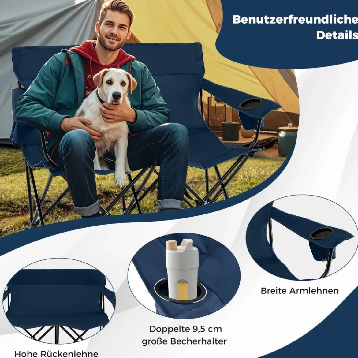 Campingstuhl für 2 Personen Klappstuhl mit Getränkehaltern & Armlehnen & Tragetasche