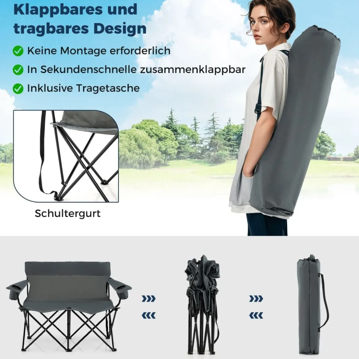 Campingstuhl für 2 Personen Klappstuhl mit Getränkehaltern & Armlehnen & Tragetasche