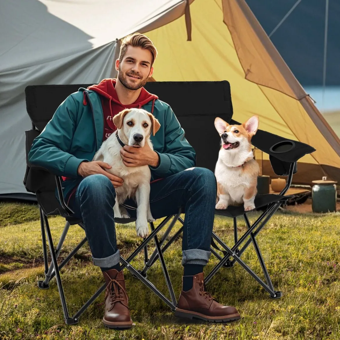 Campingstuhl für 2 Personen Klappstuhl mit Getränkehaltern & Armlehnen & Tragetasche