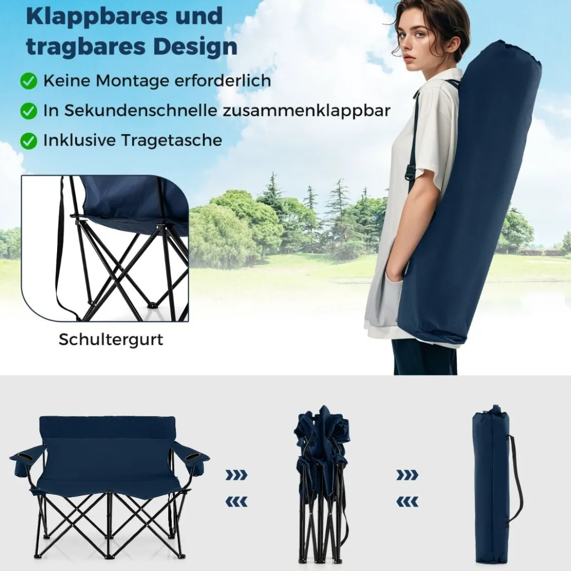 Campingstuhl für 2 Personen Klappstuhl mit Getränkehaltern & Armlehnen & Tragetasche