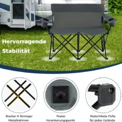 Campingstuhl für 2 Personen Klappstuhl mit Getränkehaltern & Armlehnen & Tragetasche