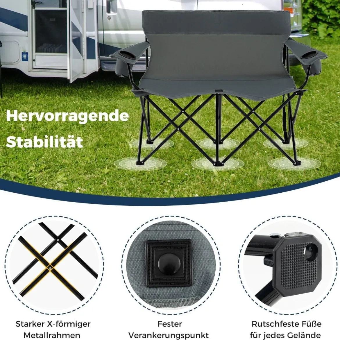 Campingstuhl für 2 Personen Klappstuhl mit Getränkehaltern & Armlehnen & Tragetasche