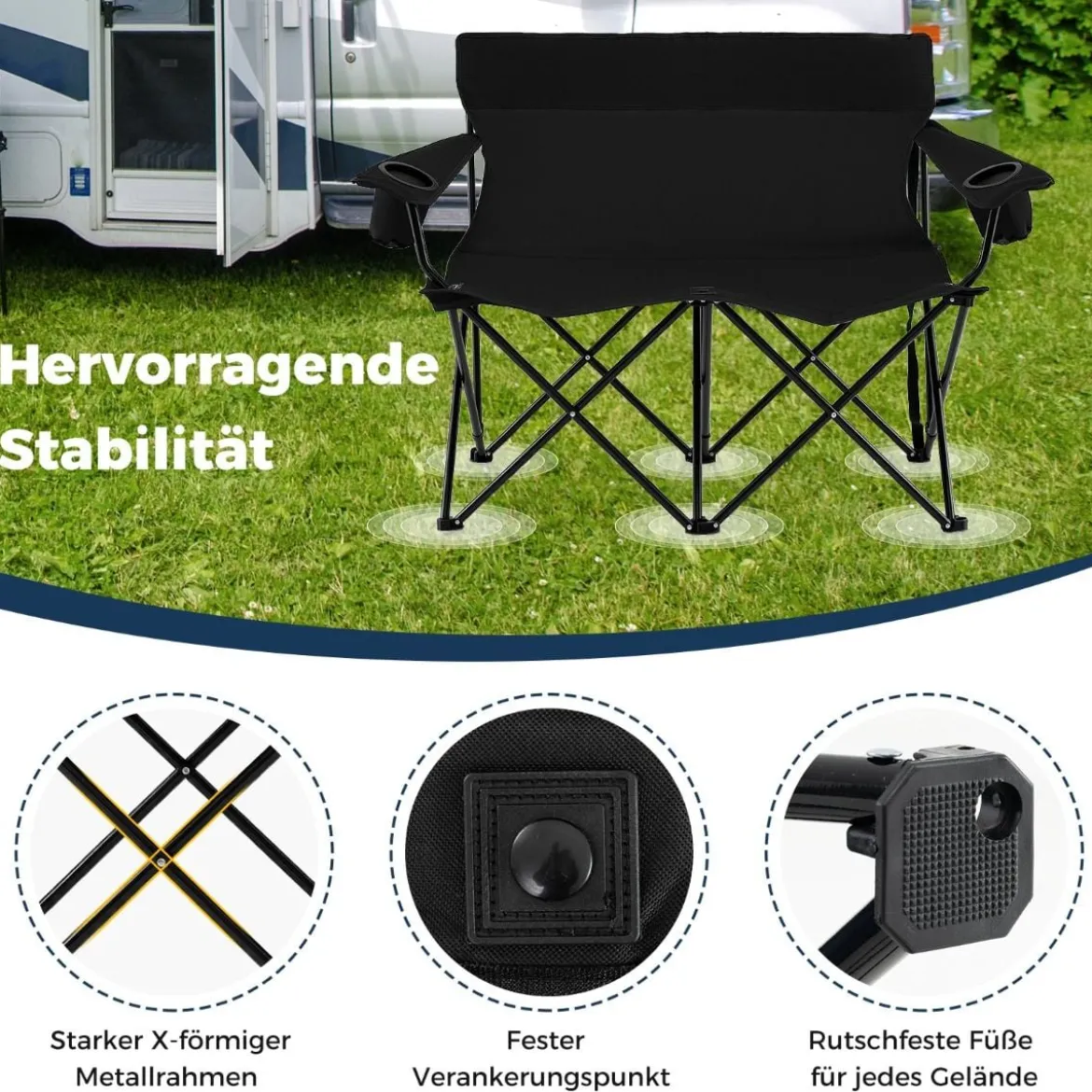 Campingstuhl für 2 Personen Klappstuhl mit Getränkehaltern & Armlehnen & Tragetasche