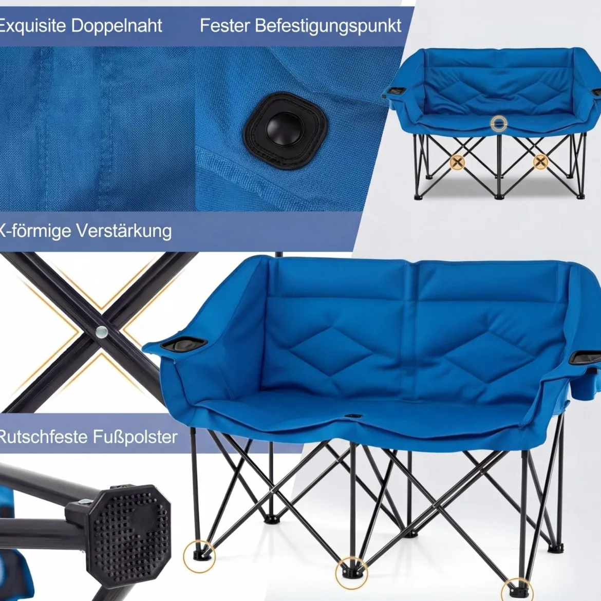 Campingstuhl für 2 Personen XXL Campingsofa mit Getränkehaltern & Netztaschen Klappstuhl Marineblau