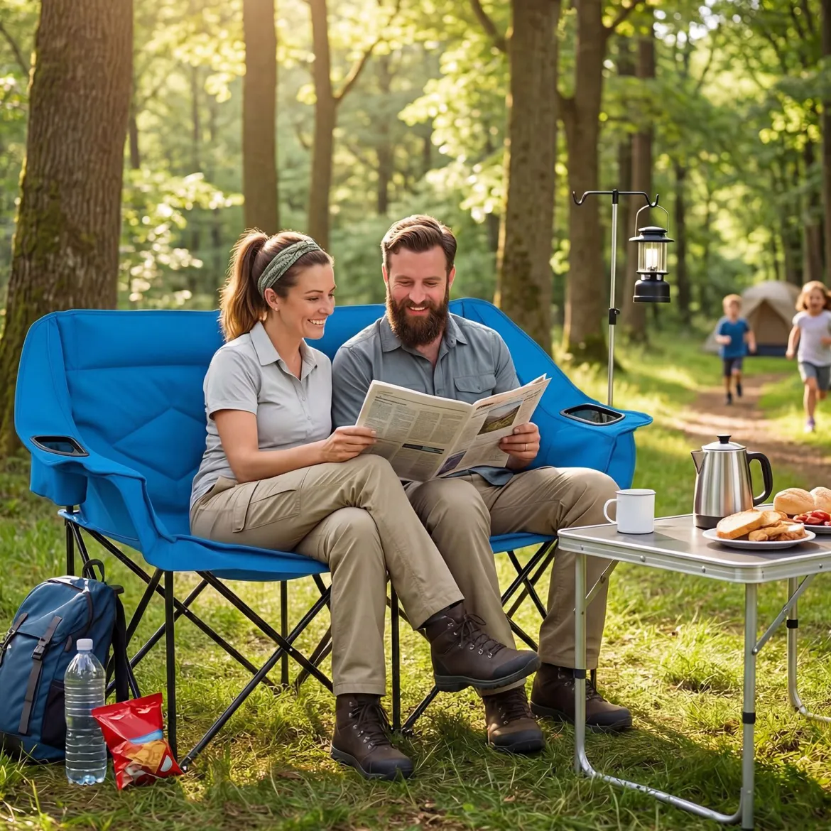 Campingstuhl für 2 Personen XXL Campingsofa mit Getränkehaltern & Netztaschen Klappstuhl Marineblau