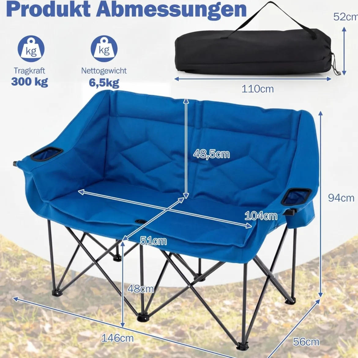 Campingstuhl für 2 Personen XXL Campingsofa mit Getränkehaltern & Netztaschen Klappstuhl Marineblau