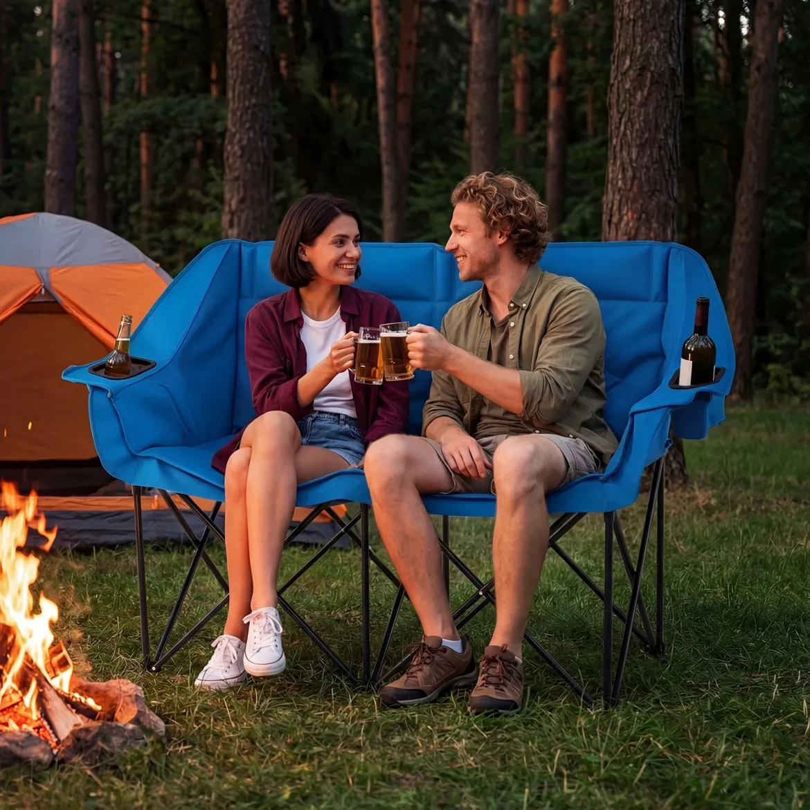 Campingstuhl für 2 Personen XXL Campingsofa mit Getränkehaltern & Netztaschen Klappstuhl Marineblau