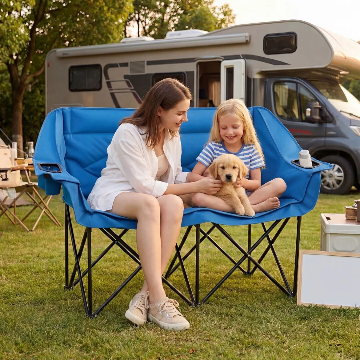 Campingstuhl für 2 Personen XXL Campingsofa mit Getränkehaltern & Netztaschen Klappstuhl Marineblau