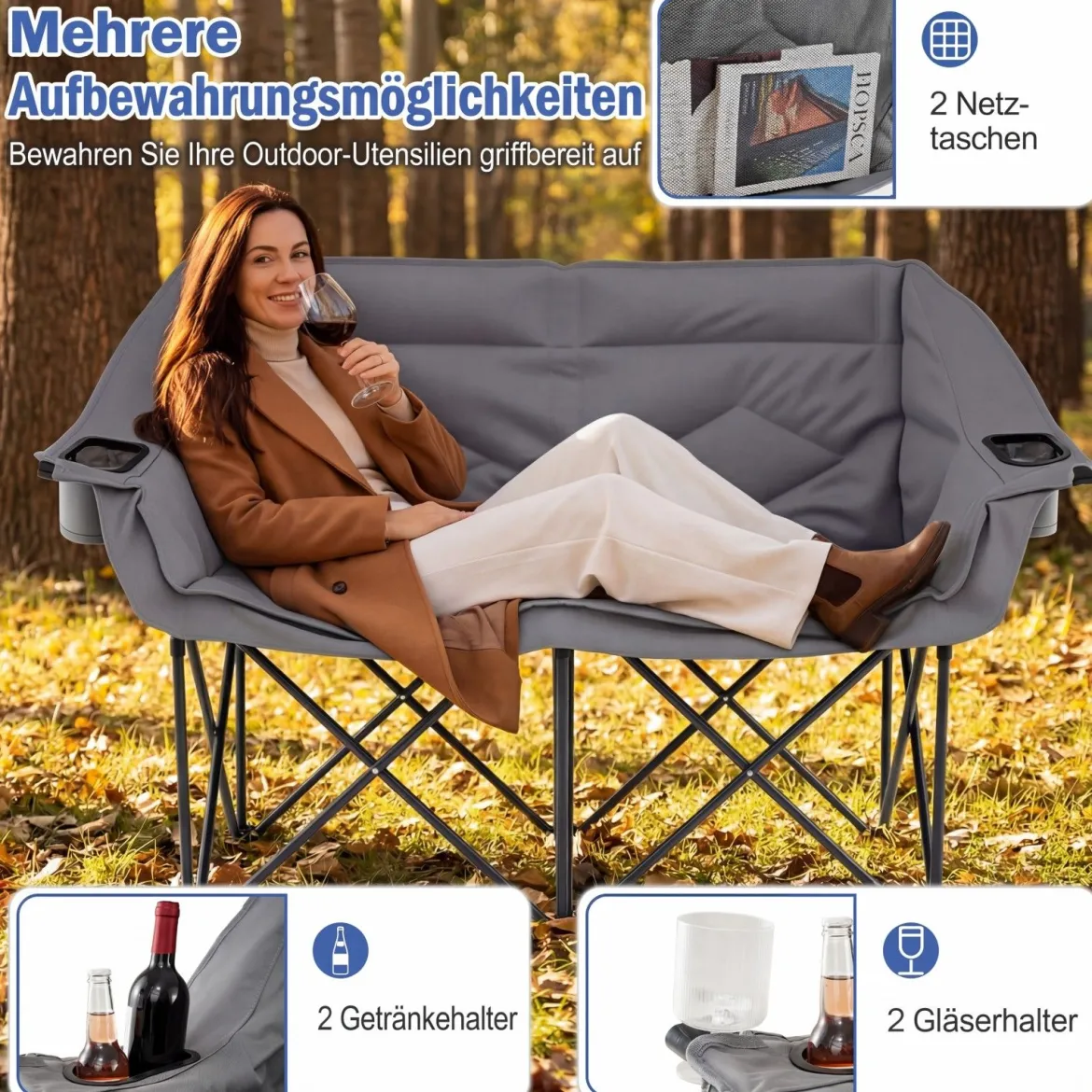 Campingstuhl für 2 Personen XXL Campingsofa mit Getränkehaltern & Netztaschen Klappstuhl Grau
